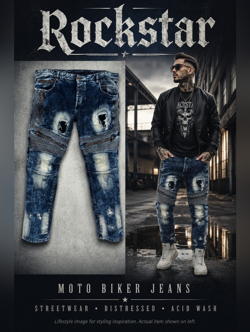 Rockstar Distressed Moto Jeans Acid Wash Zip Biker Denim 38